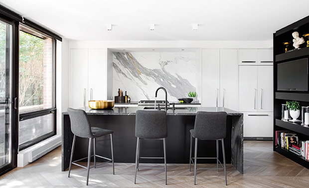 Bright, black and white modern kitchen.