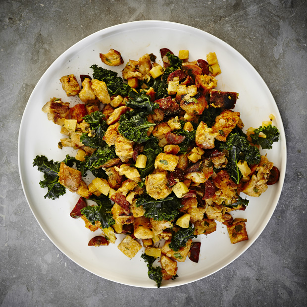 Baked Sourdough Dressing With Kale, Apples & Chorizo 