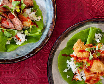 Lettuce Wraps with Grilled Steak and Korean Fried Chicken