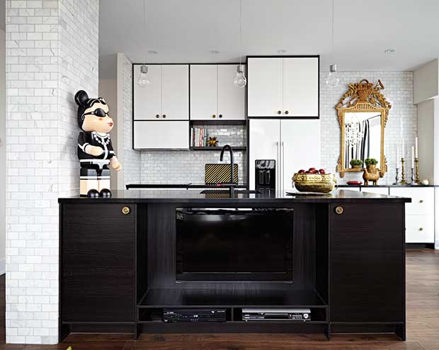Black and white kitchen with vintage accents.