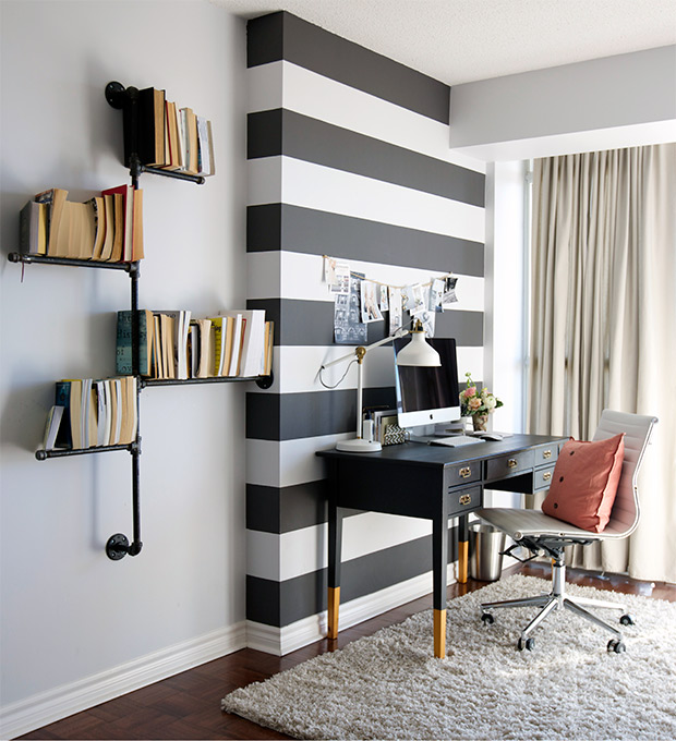 small office with striped wall