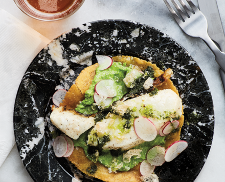 Fish Tostadas with Sweet Pea Purée and Radishes