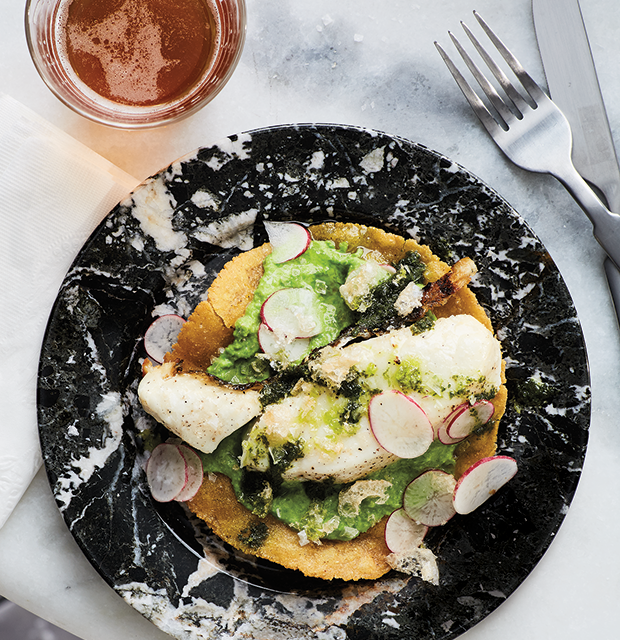 Fish Tostadas with Sweet Pea Purée and Radishes