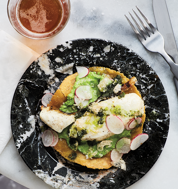 Fish Tostadas with Sweet Pea Purée and Radishes