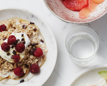 Porridge Bowl with Cherries and Cocoa Nibs