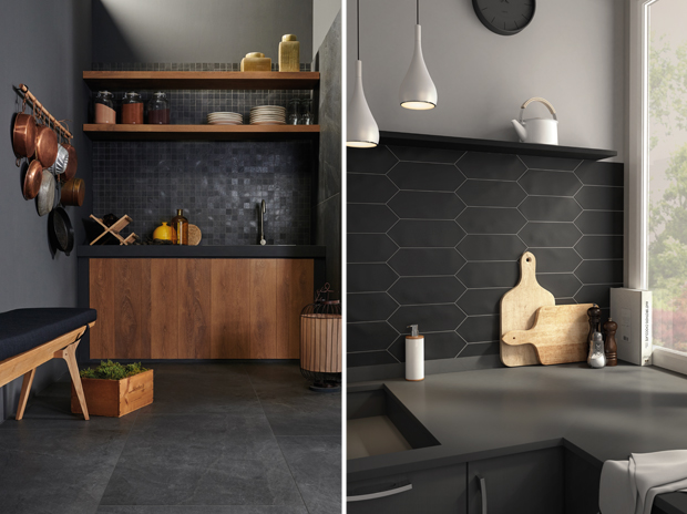 Kitchens With Black Backsplash & Floor Tiles From Ciot