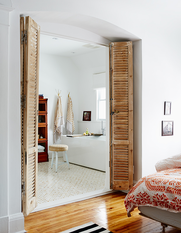 White bedroom with on sale wood furniture