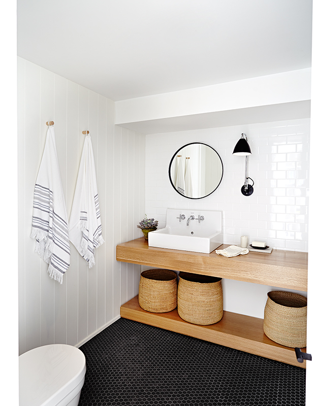 Bathroom Design Idea - Black, Brass, White and Wood