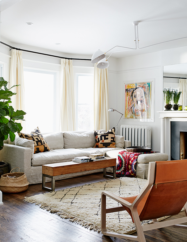 Wooden bench in online living room