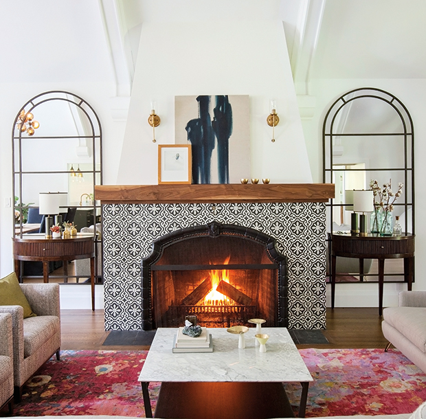 patterned cement tile fireplace