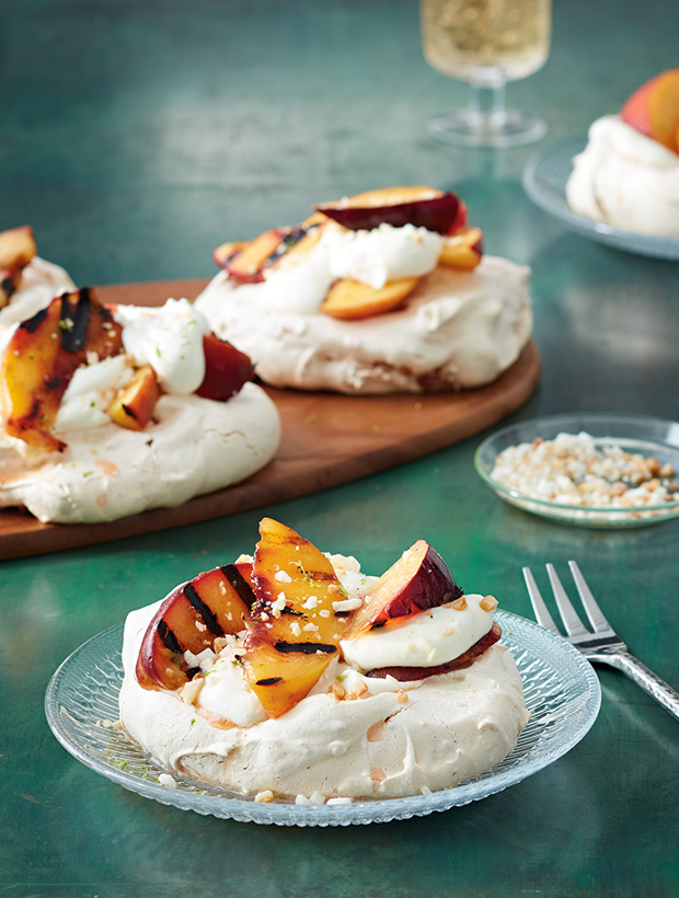 Chewy Meringues with Coconut Cream and Grilled Stone Fruit