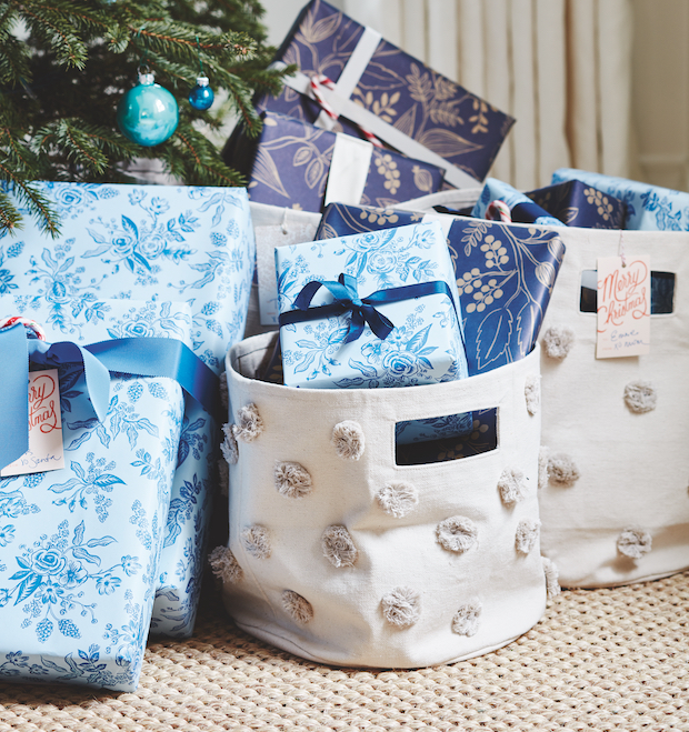 Canvas baskets to hold Christmas gifts