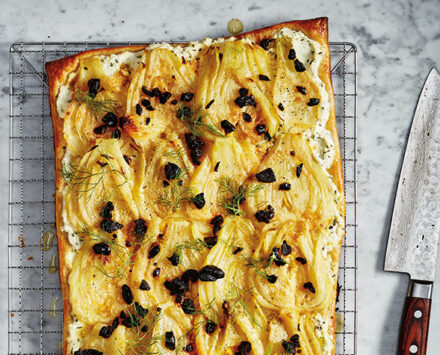 Braised Fennel, Orange and Black Olive Tart