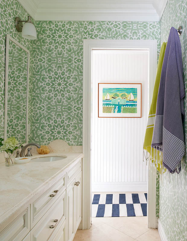 green wallpaper cottage bathroom