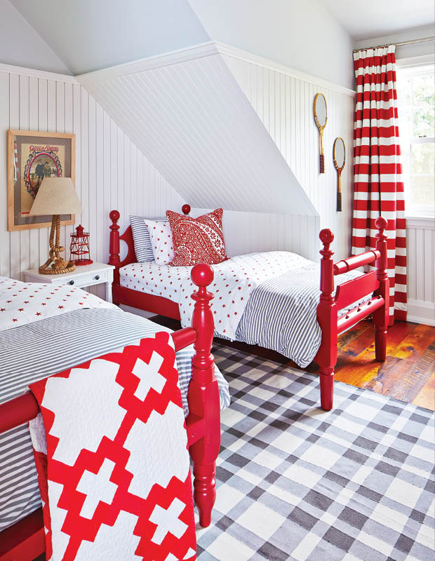 patterned red white grey cottage bedroom