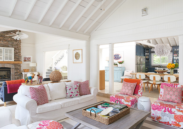 white pink orange cottage living room