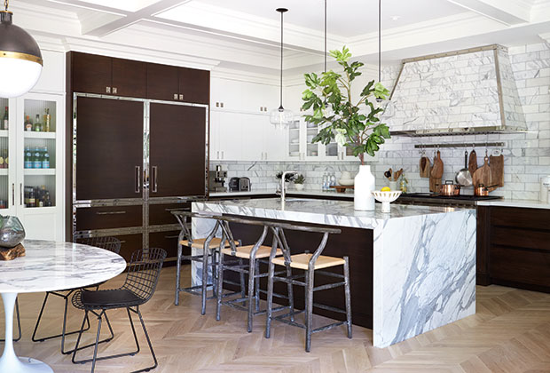 Nam Dang-Mitchell's design with marble accents and dark wood fridge.