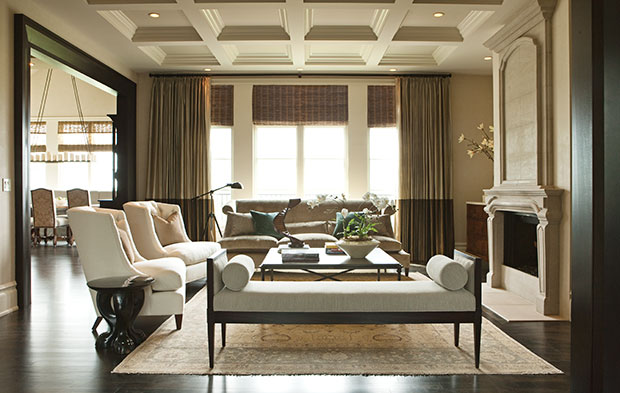 Nam Dang-Mitchell's design of a living room with historical inspiration using grasscloth, limestone and silk.