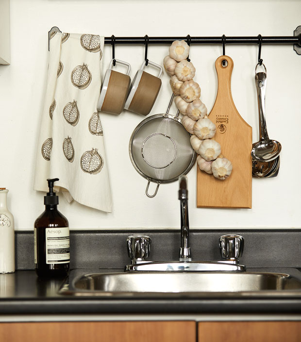 Amelie Simard's hanging dish rack with pots and pans