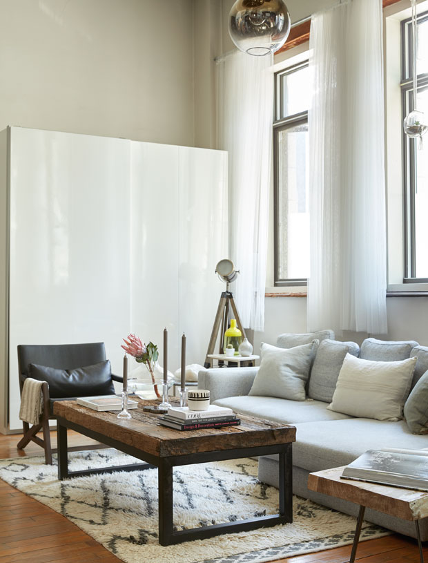 Amelie Simard's Montreal loft living room with neutral decor