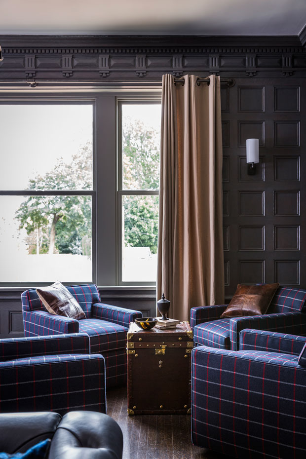 Red, white and navy windowpane check couches