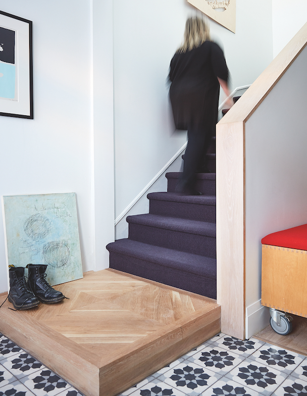 Simple stairway with indigo stair runner