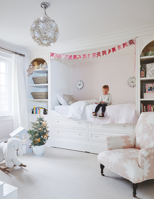 Child's bedroom with festive garland.