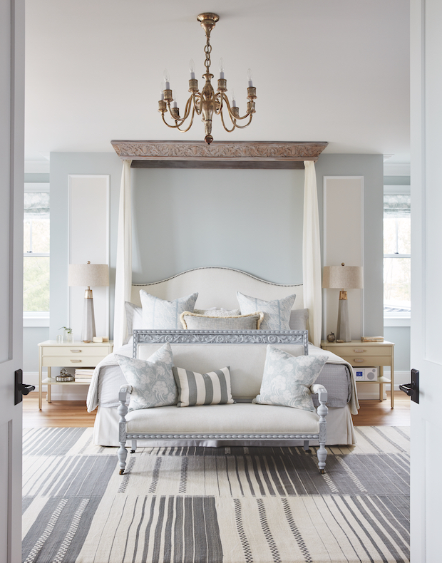 Pale blue room with canopy style bed