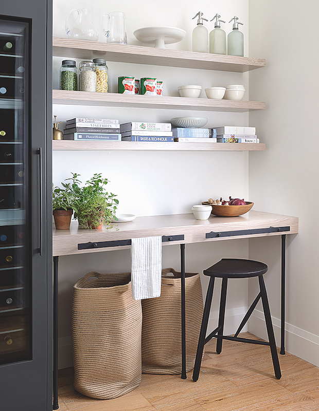 Open shelving and minimalistic desk