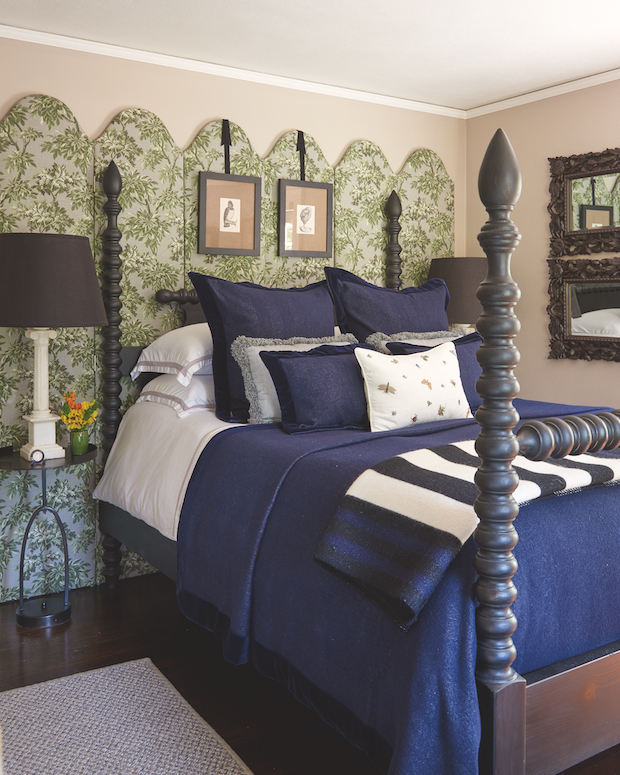 Traditional bedroom with wallpapered screen and navy blue bedding