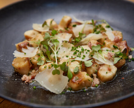 Passero Ricotta Giochi with Black Boar Bacon and Parmesan Recipe