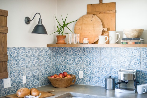Contemporary blue backsplash with rustic wood accessories