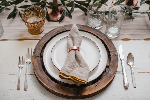 Rustic contemporary place setting with copper accents