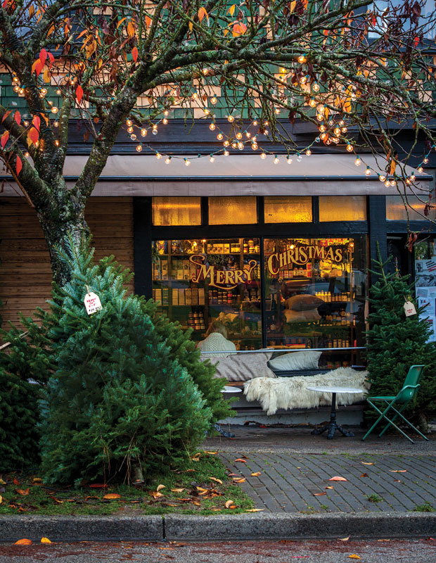 Holiday curb appeal — a shopfront with a "merry christmas" sign and festive string lights