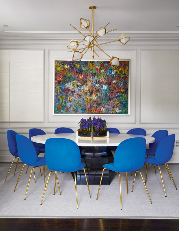 Anne Hepfer global family home dining room cobalt blue dining chairs and geometric light fixture