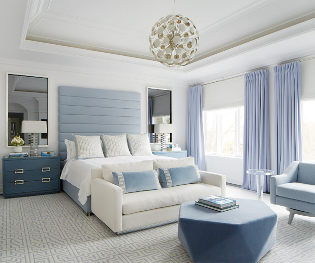 Anne Hepfer global family home principal bedroom with pops of light blue