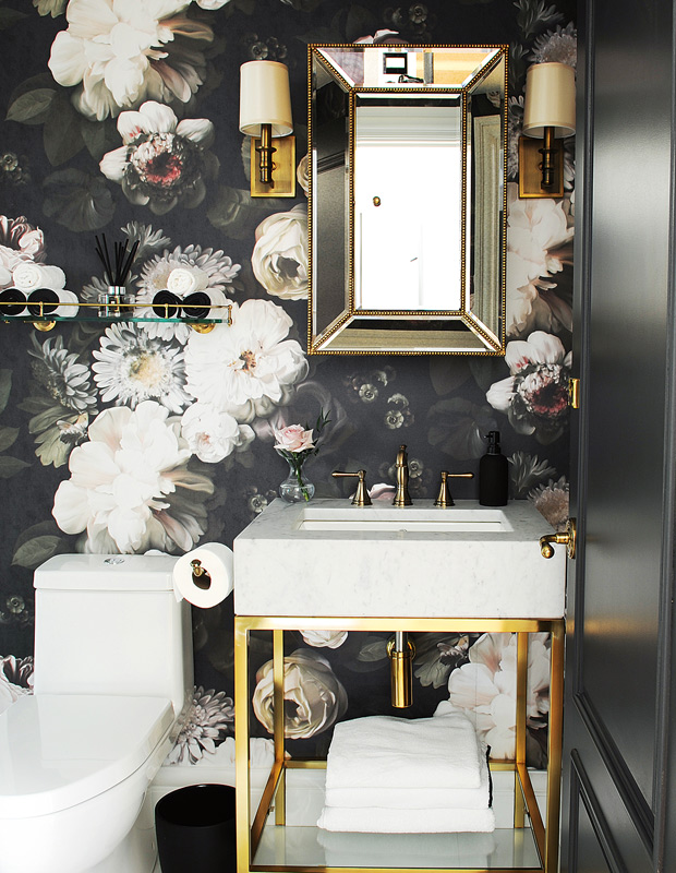 Denisa Nica continental condo guest bathroom floral wallpaper