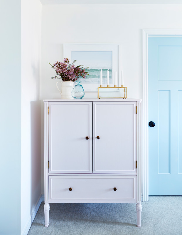 Sarah Gunn renovated rental bedroom blush armoir