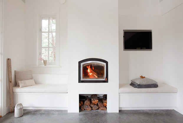 Minimalist spaces fireplace with two nooks on either side