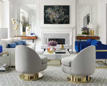 Anne Hepfer global family home living room with pops of blue