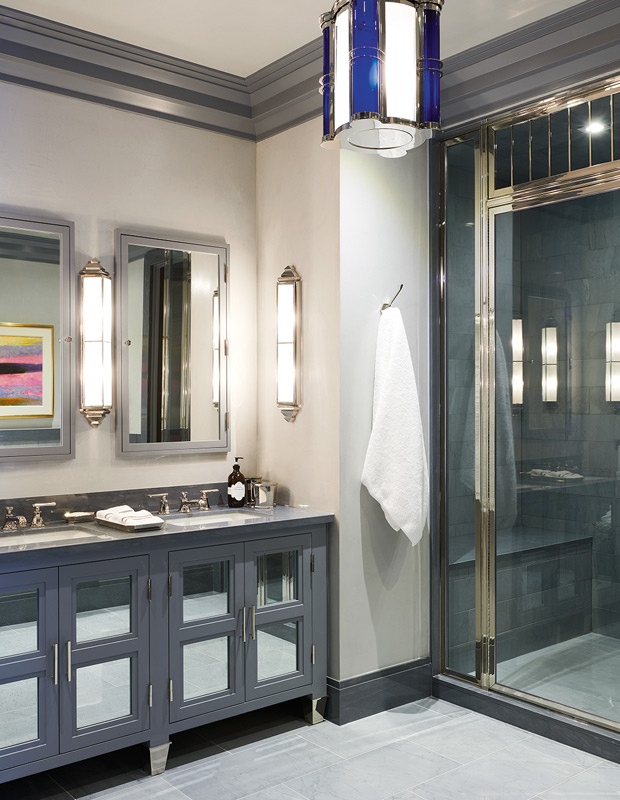 James Davie opulent townhouse master bathroom with blue-grey palette