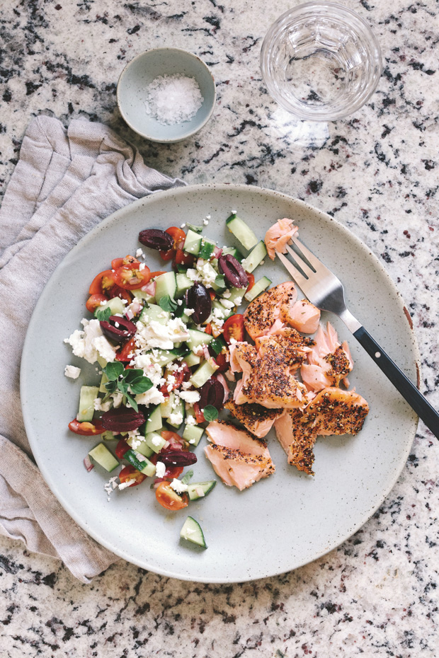 Greek Chopped Salad With Crispy Peppercorn Salmon