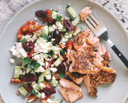 Greek Chopped Salad With Crispy Peppercorn Salmon
