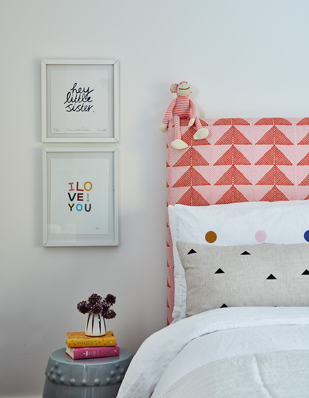 Ali Yaphe family home daughter's bedroom with a geometric headboard