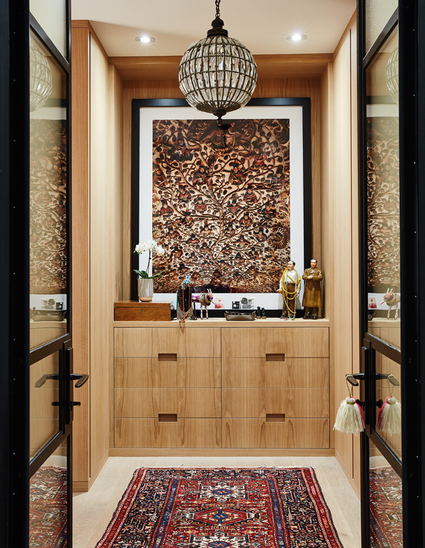 Ali Yaphe family home closet with wood cabinetry
