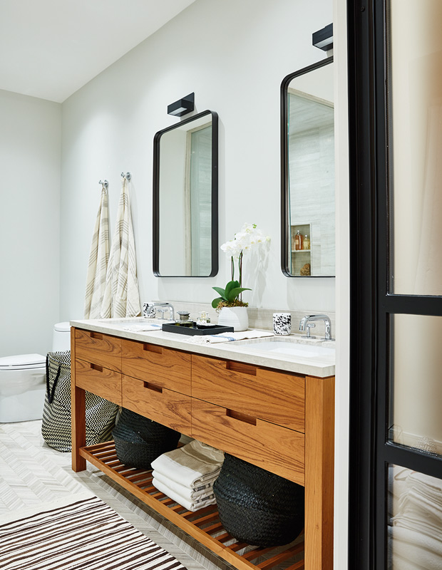 Ali Yaphe family home bathroom with wood cabinetry