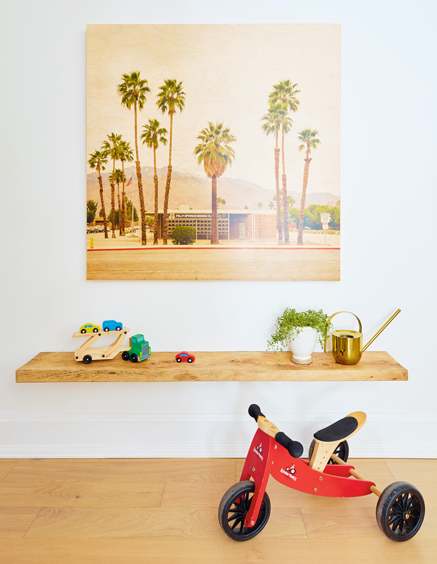 California family home palm tree painting and floating shelf