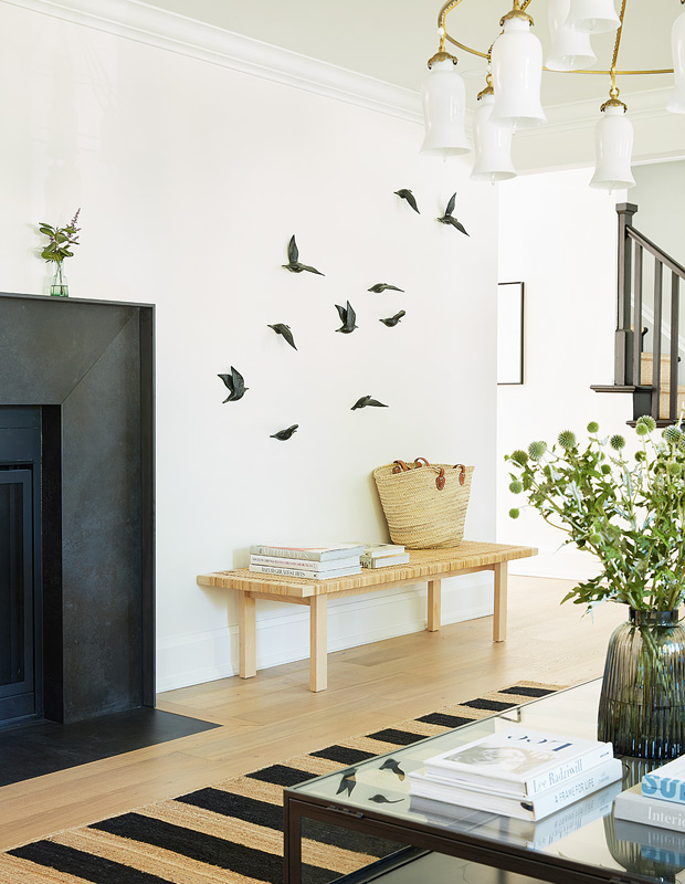 California family home entrance with bird decals on the wall