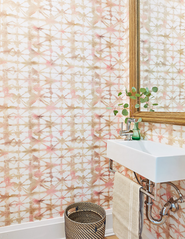 California family home powder room with wallpaper