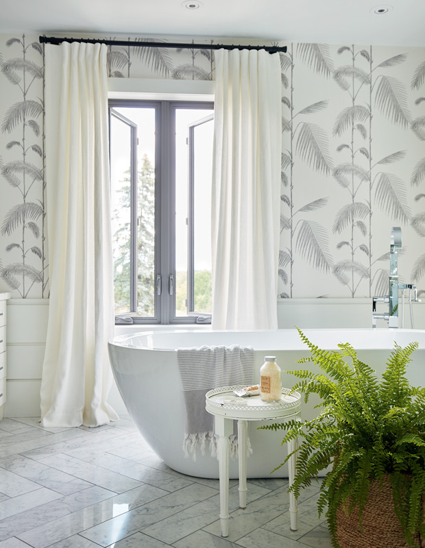 Beautiful bathrooms with breezy palm leaf wallpaper